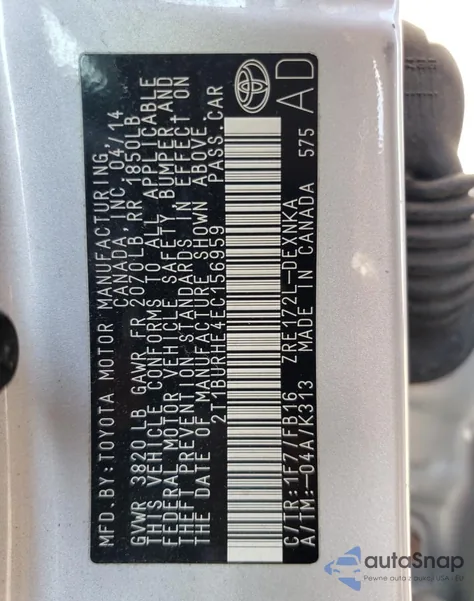 2014 Toyota Corolla L z USA, uszkodzony, nr VIN 2T1BURHE4EC156959